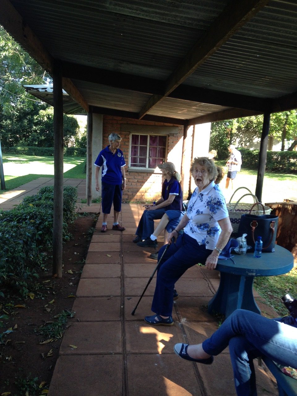 At the training field and handler and dog arriving giving gladys an expression of surprise.